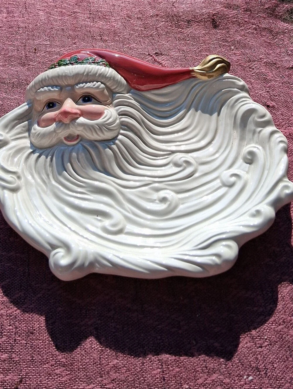 Fitz and Floyd Ceramic Santa Face Serving Platter - Red, White, Gold